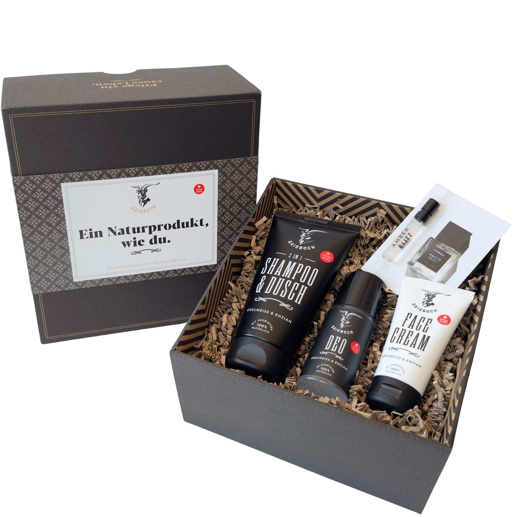 Männerpflege Geschenkset «Ein Naturprodukt, wie du» gaissbock-geschenkset-naturprodukt-de-mit-inhalt